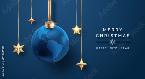 Elegant Christmas card with a blue globe ornament, golden stars, and festive message on a navy background