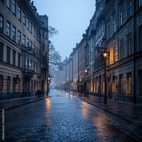 Moody Evening Scene of a Wet Cobblestone Street in a Historic European Town with Soft Warm Lighting and Overcast Sky