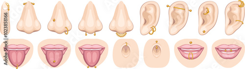 Piercing icons set. Set of realistic illustrations showing various types of piercings on different body parts