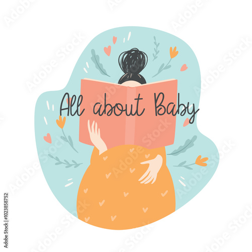 Illustration of pregnant woman with book. Vector concept of information about pregnancy and baby. Logo, design