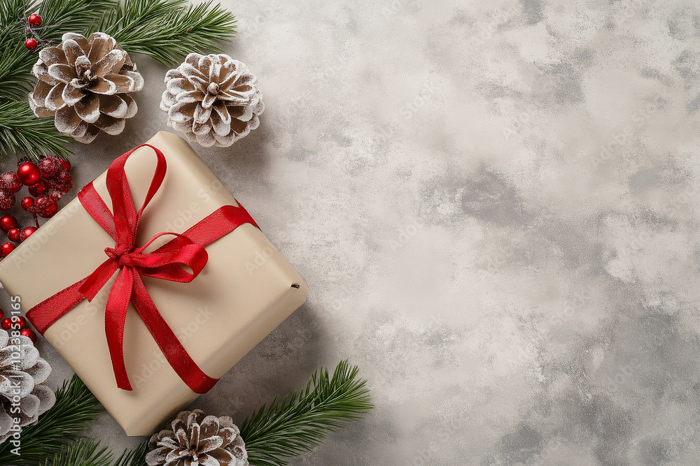 Christmas gift wrapped with red ribbon, pine branches, and frosted pinecones on textured background. Perfect for holiday decor, festive designs, and seasonal greeting cards. Christmas gift wrapped with red ribbon, pine branches, and frosted pinecones on textured background. Perfect for holiday decor, festive designs, and seasonal greeting cards.