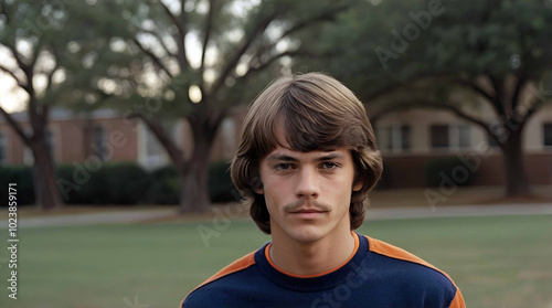 Portrait of a Young Man with Classic 1970s Style in an Outdoor Setting Wearing a Retro Sweater Capturing Nostalgic Vibes