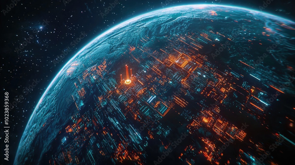 A Futuristic Cityscape on a Gloomy Planet with Glowing Lines A Futuristic Cityscape on a Gloomy Planet with Glowing Lines
