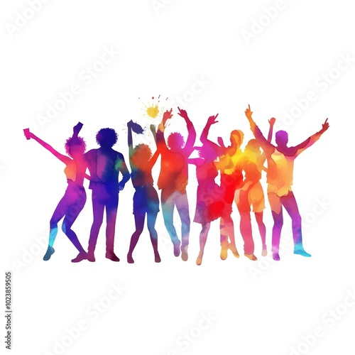 Colorful Watercolor Cartoon Illustration of a Happy Crowd Dancing and Celebrating on a White Background