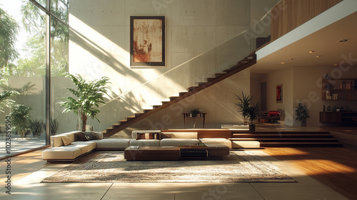 Minimalist living room with a sofa in a modern Scandinavian style with stairs.