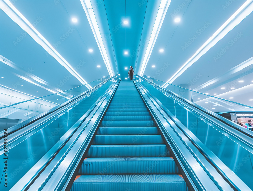 Escalator Moving Upwards in a Vibrant Mall with Polished Interiors Escalator Moving Upwards in a Vibrant Mall with Polished Interiors
