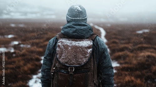 A solitary hiker adorned in a snow-covered backpack and knit cap, trekking a snow-dusted rugged path in the expanse of a winter wilderness, embodying resilience. photo