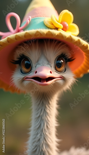 Adorable ostrich wearing a colorful hat with flower, showcasing joyful expression and charm photo