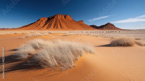 An expansive desert view reveals distinctive mountain formations in the distance, inviting adventure and wonder beneath a vast, clear blue sky. photo