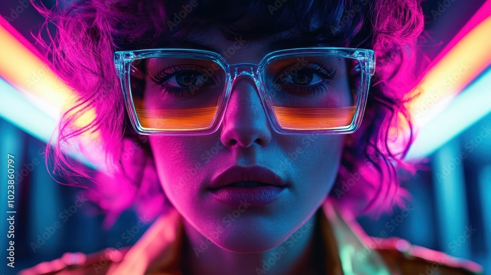 A portrait of a woman with stylish large-frame glasses, surrounded by vibrant neon lights that create a modern, colorful, and artistic atmosphere. A portrait of a woman with stylish large-frame glasses, surrounded by vibrant neon lights that create a modern, colorful, and artistic atmosphere.