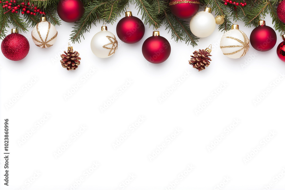 Fototapeta premium Christmas wreath with poinsettia flowers, ornaments, and greenery on white background. Perfect for holiday decor, festive designs, and seasonal celebration imagery.