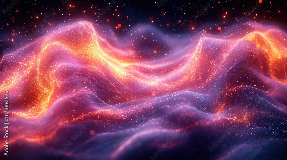 A stunning abstract depiction of light waves with vibrant orange and purple colors, glowing against a dark background, creating a mesmerizing effect. A stunning abstract depiction of light waves with vibrant orange and purple colors, glowing against a dark background, creating a mesmerizing effect.