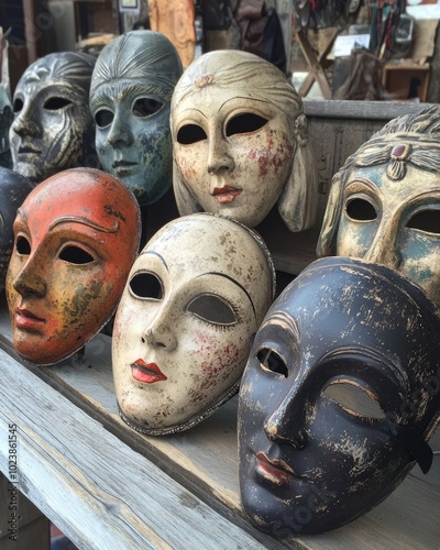 Vintage masks for sale at an antique market photo