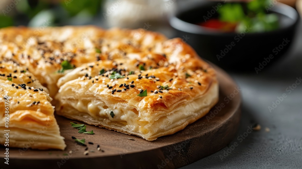A freshly baked golden brown pastry topped with black sesame seeds on a wooden board, showcasing delicious flaky layers and garnished with fresh green herbs. A freshly baked golden brown pastry topped with black sesame seeds on a wooden board, showcasing delicious flaky layers and garnished with fresh green herbs.