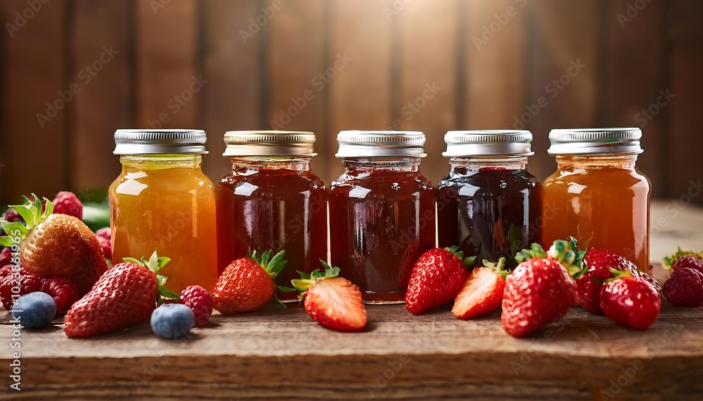 A collection of rustic jam jars with blank labels surrounded by fresh strawberries on a wooden table. Generative AI A collection of rustic jam jars with blank labels surrounded by fresh strawberries on a wooden table. Generative AI