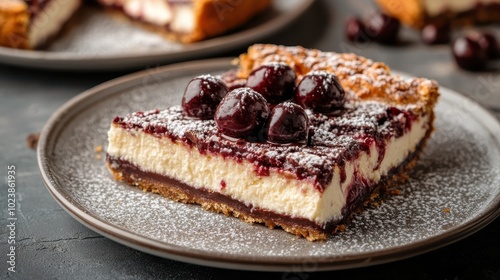 A slice of cherry cheesecake with cherries and powdered sugar sits enticingly on a plate, inviting viewers to enjoy a delightful dessert experience.