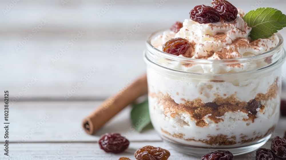An enticing dessert served in a jar featuring whipped cream and raisins, with hints of cocoa powder and a mint leaf, combining taste and visual appeal perfectly. An enticing dessert served in a jar featuring whipped cream and raisins, with hints of cocoa powder and a mint leaf, combining taste and visual appeal perfectly.