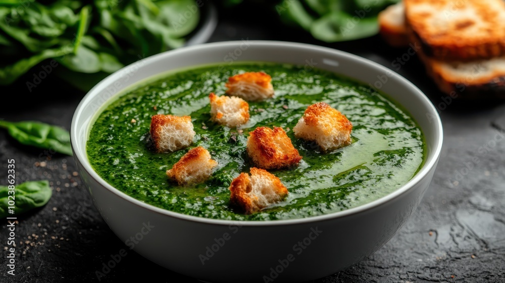 A rich green spinach soup featuring a golden-brown crouton topping, offering a delectable sight and taste sensation, perfect for healthy and flavorful dining. A rich green spinach soup featuring a golden-brown crouton topping, offering a delectable sight and taste sensation, perfect for healthy and flavorful dining.
