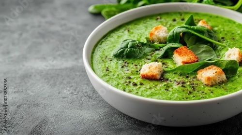 A vibrant and creamy green spinach soup expertly garnished with crispy croutons and fresh spinach leaves promises a delightful and nutrient-packed meal experience.