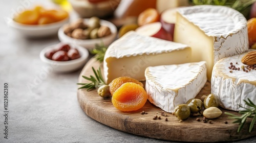 A gourmet cheese array highlighted with dried fruits, olives, and almonds, arranged elegantly to please both the palate and the eyes, ideal for fine dining.