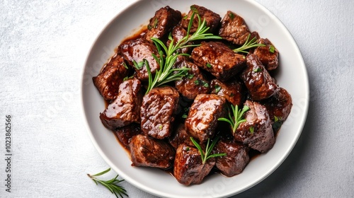 A mouthwatering dish of roasted beef chunks paired with rosemary sprigs invites anyone to enjoy a comforting meal embodying both flavor and aroma.