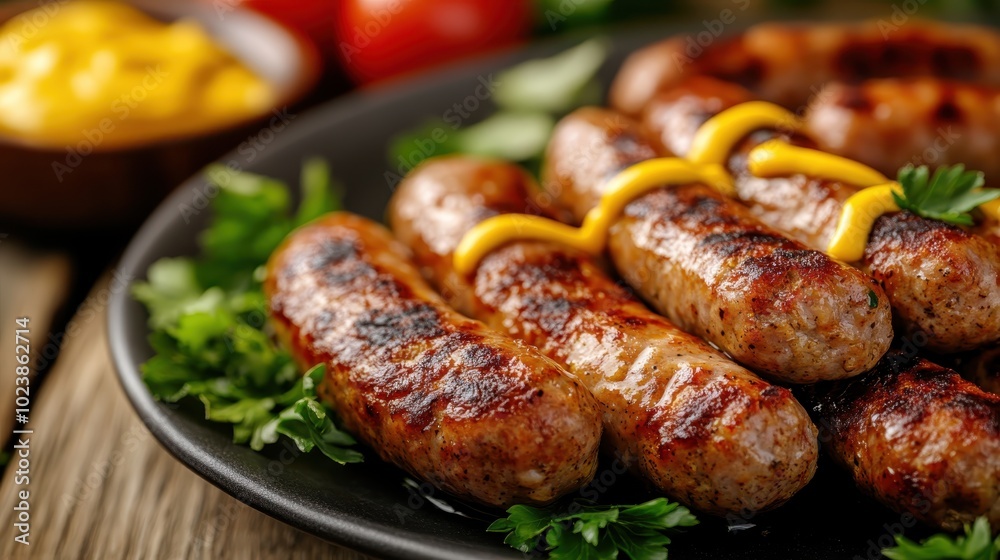 A dish of beautifully grilled sausages drizzled with yellow mustard, complemented by fresh garnishes and vivid tomatoes, presents a tempting and savory meal. A dish of beautifully grilled sausages drizzled with yellow mustard, complemented by fresh garnishes and vivid tomatoes, presents a tempting and savory meal.