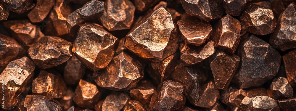 Close-up of copper nuggets, highlighting their rich brown color and intricate textures Close-up of copper nuggets, highlighting their rich brown color and intricate textures