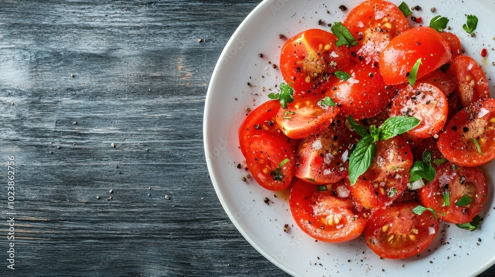 Juicy, ripe tomato slices are garnished with fresh basil and seasonings on a white plate, creating a lush, aromatic dish that speaks to freshness and flavor. Juicy, ripe tomato slices are garnished with fresh basil and seasonings on a white plate, creating a lush, aromatic dish that speaks to freshness and flavor.
