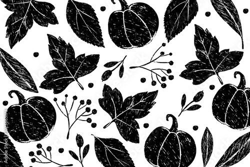 Hand drawn leaves and pumpkins on a white background. Grunge autumn foliage. Grunge nature background
