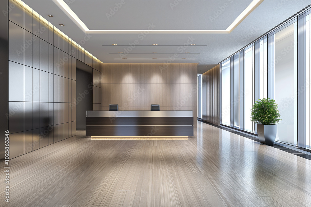 Obraz premium Corporate Lobby with a Large Reception Desk and Modern Aesthetic Touches