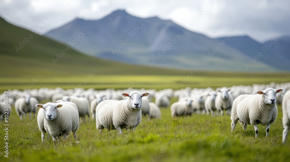 A large flock of sheep grazes quietly on a vibrant green field in front of dramatic grey hills, capturing a serene pastoral scene of nature’s quiet industry and harmony. A large flock of sheep grazes quietly on a vibrant green field in front of dramatic grey hills, capturing a serene pastoral scene of nature’s quiet industry and harmony.