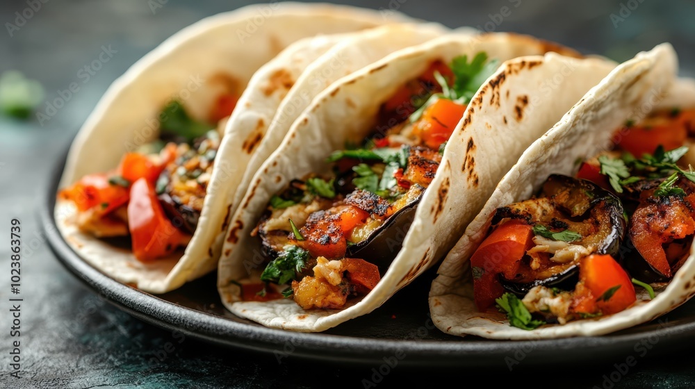 Four tacos filled with roasted eggplant and red peppers, garnished with cilantro, served on a black plate on a textured surface for an appetizing presentation. Four tacos filled with roasted eggplant and red peppers, garnished with cilantro, served on a black plate on a textured surface for an appetizing presentation.