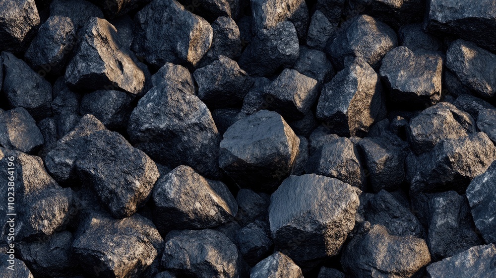 This close-up showcases dark brown rocks with black and orange hues alongside a large pile of iron ingots in an open casting mold for raw material production SEAMLESS PATTERN