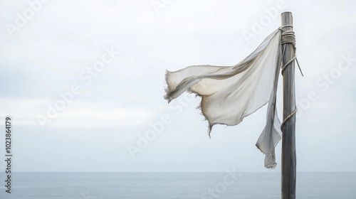 A Beautiful White Weathered Flag Flapping Gently in the Wind on a Tall Wooden Pole Against a Tranquil Blue Sky and Ocean Backdrop photo