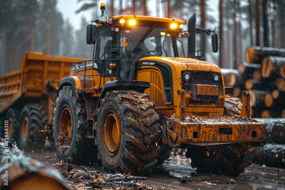 Harvester log loader operating in outdoor manufacturing yard for pine wood processing and treatment Harvester log loader operating in outdoor manufacturing yard for pine wood processing and treatment