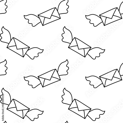 Pattern of winged envelopes arranged evenly on a white background creating a whimsical design