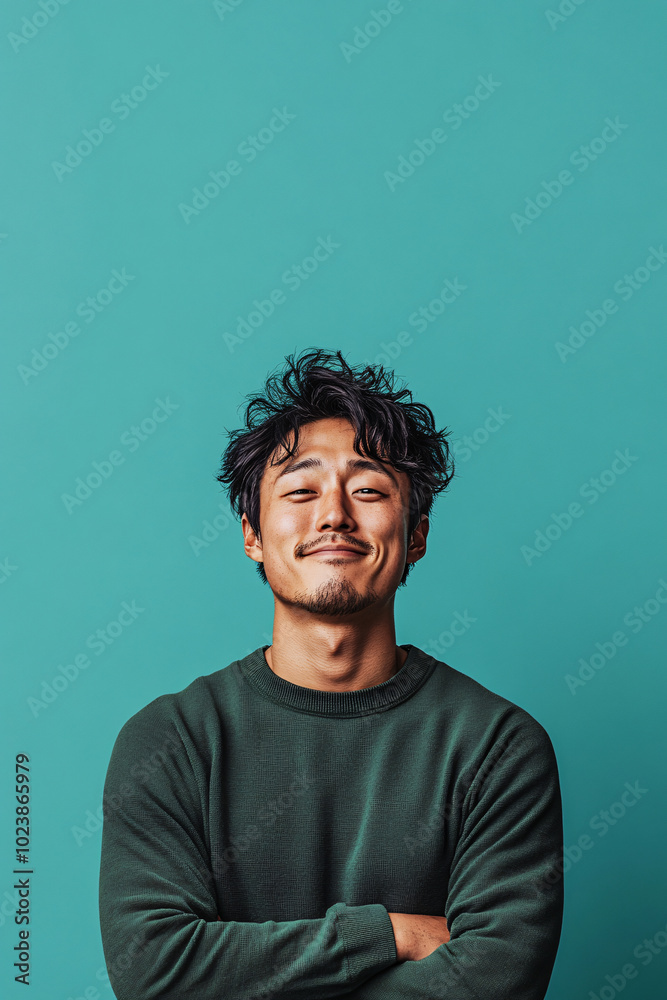 Smiling young man with curly hair against colored background Smiling young man with curly hair against colored background