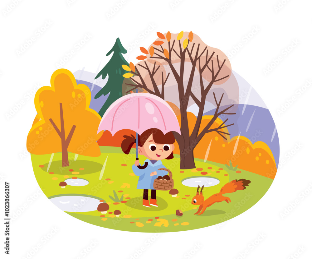 Child walking outside. Autumn landscape with tree and puddles. Autumn park background. Fall rainy. Child walking outside. Autumn landscape with tree and puddles. Autumn park background. Fall rainy.