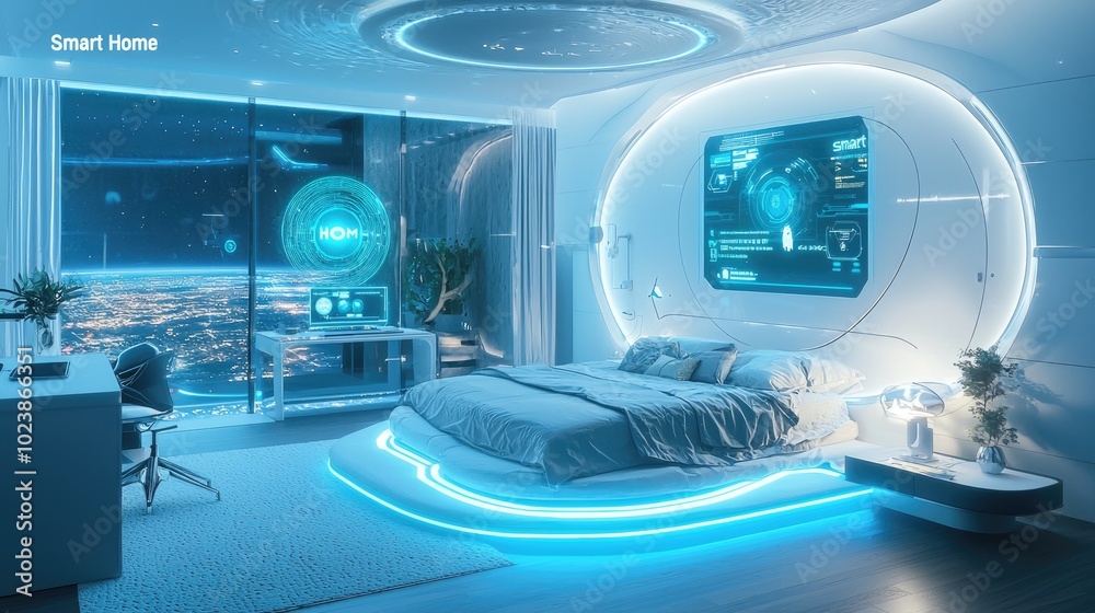 Futuristic Smart Home Bedroom with Cityscape View and Blue Neon Lights