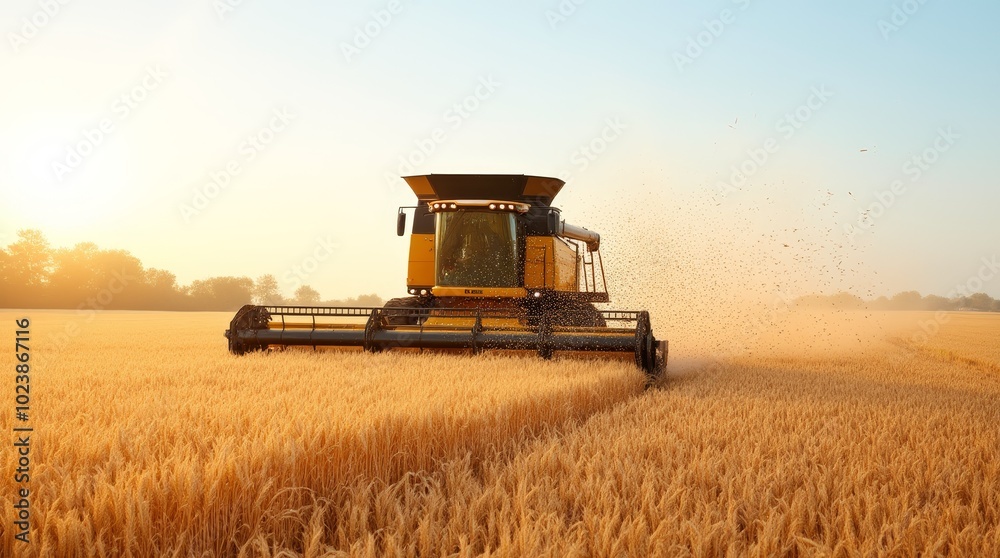 Fototapeta premium A combine harvester working in a golden wheat field at sunset, extracting grains in late summer