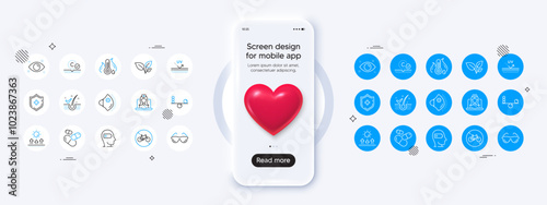 Phone mockup with 3d heart icon. Capsule pill, Bicycle prohibited and Medical shield line icons. Pack of Fever temperature, Weariness, Leaves icon. Vector
