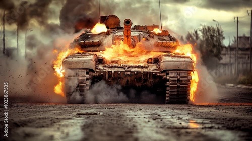 Armored Military Tank Charging Forward on a War-Torn Battlefield, Surrounded by Fire and Smoke photo