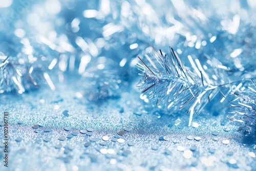 Abstract blue Christmas background with tinsel, confetti and sparkles