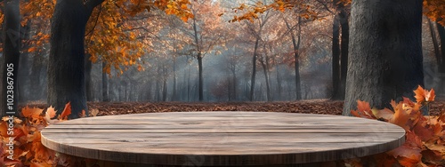 Wooden round table with autumn leaves in a forest, digital backdrop for product display, fall background