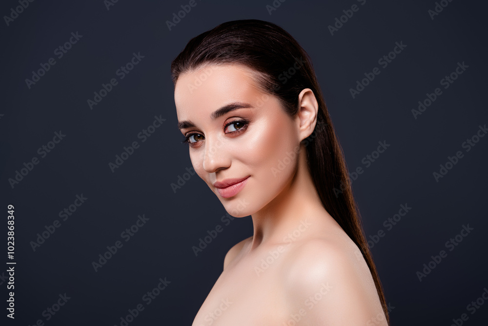 Photo of stunning tender pretty lady with naked shoulders isolated on dark grey color background Photo of stunning tender pretty lady with naked shoulders isolated on dark grey color background
