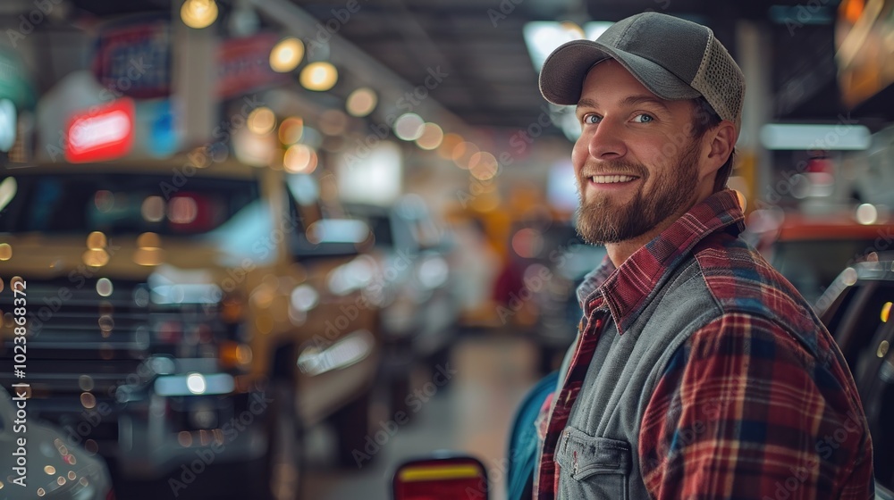 A father with a baby stroller exploring pickup trucks in a car dealership