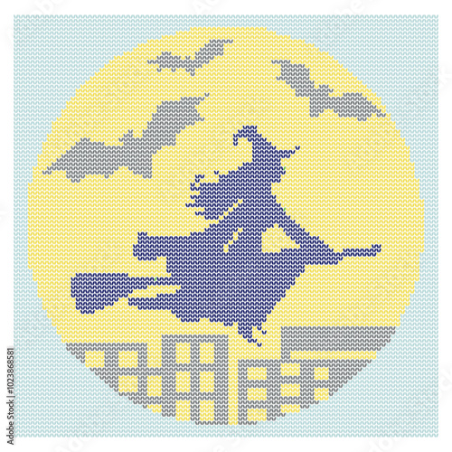 Halloween. Witch on a broom and bats over the night city. Illustration, imitation of knitted fabric. Can be used to create patterns, backgrounds, covers, souvenirs, textiles, clothes.