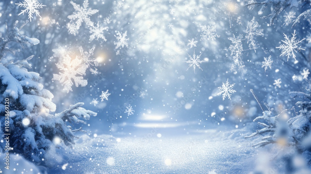 Snow-Covered Trees in a Winter Wonderland with Falling Snowflakes Snow-Covered Trees in a Winter Wonderland with Falling Snowflakes