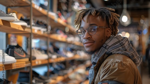 A friendly young African American male employee assisting a customer in a well-organized shoe store