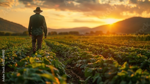 A farmer using biodynamic cover cropping to improve soil structure and moisture retention, cover crop field scene, sustainable soil management practices photo